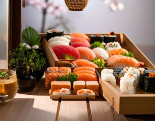 Close Up Delicious Assorted Fresh Sushi Arrangement on a Wooden Tray