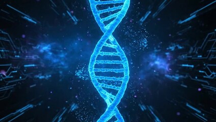 futuristic Glowing holographic DNA strand rotating in virtual medical lab, camera orbiting around 3D model. future of medial  - Powered by Adobe