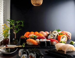 Delicious Assorted Gourmet Sushi Selection on Dark Slate Plate Cuisine