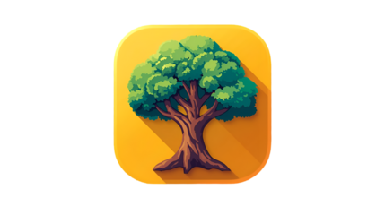 Vibrant green tree icon with textured bark and deep orange background