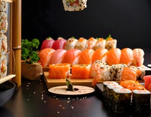 Delicious and Beautiful Japanese Sushi Rolls and Nigiri Variety Food Platter