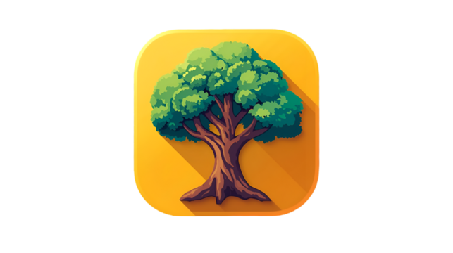 Vibrant green tree icon with textured bark and deep orange background
