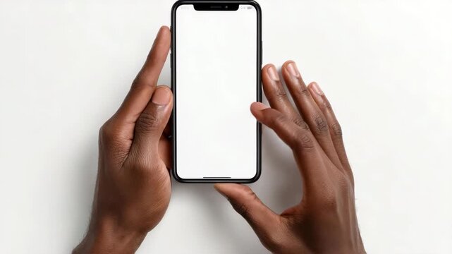 Hands holding a smartphone on a plain surface while preparing to interact with a blank screen, showcasing a moment of anticipation and engagement - Powered by Adobe