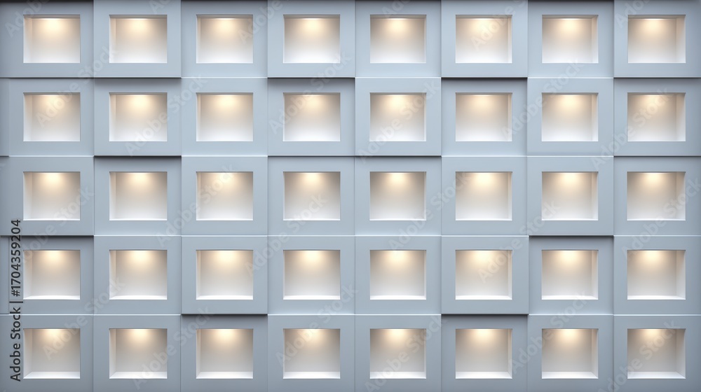 Poster the image is a white wall with many small square windows. the windows are lit up, creating a bright 