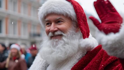 A smiling man in a red hat and red gloves waves to the camera. He is dressed as Santa Claus and he is happy - Powered by Adobe