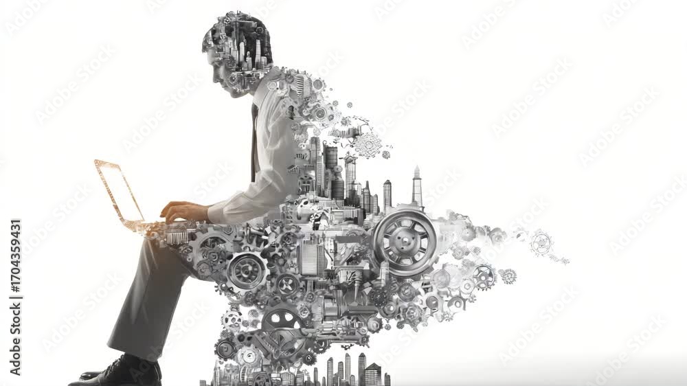 Poster creative visual of a man engaged in work while surrounded by elements of technology and innovation s