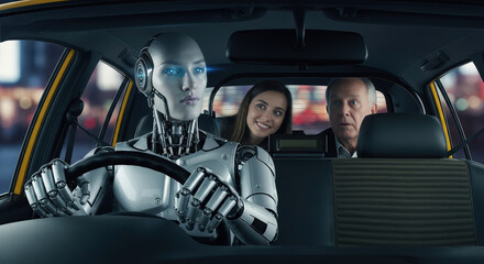A robot drives a taxi while passengers react contrastingly, symbolizing the different perceptions of the future