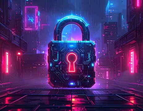 Futuristic padlock in a vibrant neon city
