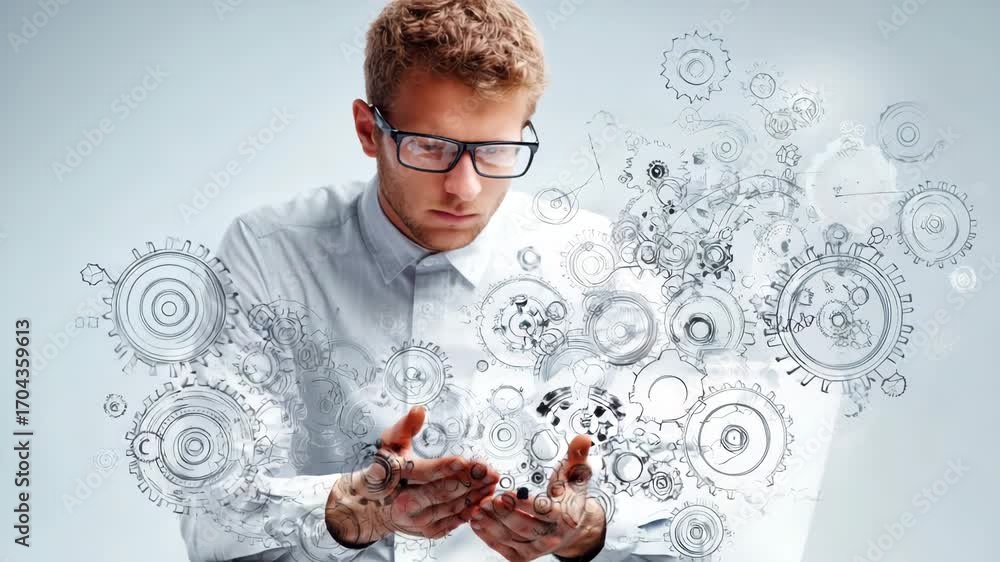 Poster innovative ideas emerge as a young man engages with digital technology while surrounded by abstract 