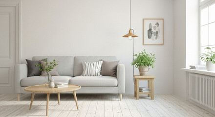 Fototapeta premium Bright Scandinavian Living Room Interior with a Gray Sofa Wooden Furniture and a Potted Plant by the Window