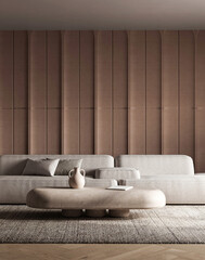 Modern textured living room with sleek sectional and pendant lights 3d render