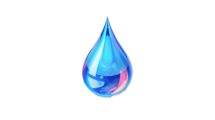 A single glistening blue water droplet with vibrant reflections against a transparent background