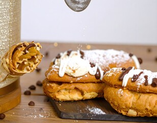 Close Up Delicious Homemade Cream Puff and Cannoli Pastry Dessert