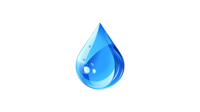 A single realistic transparent blue water droplet with reflections on a white checkered background