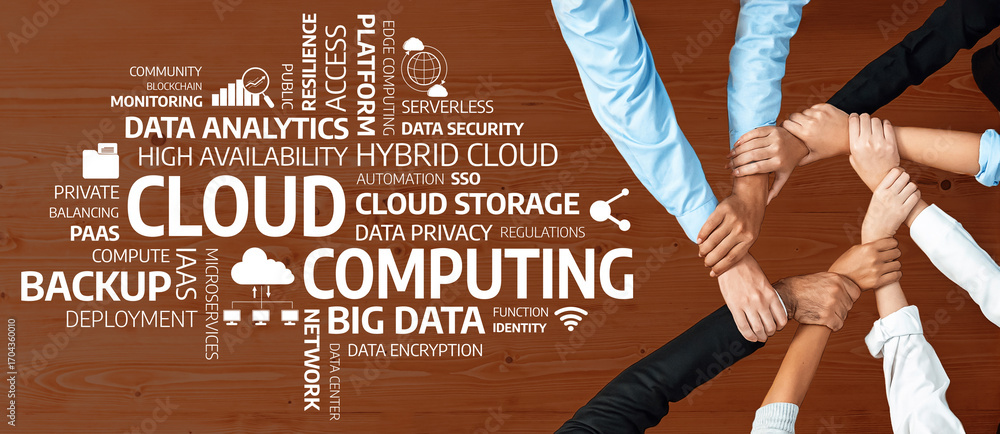 Poster this image depicts the synergy of teamwork in the realm of cloud computing, highlighting key concept