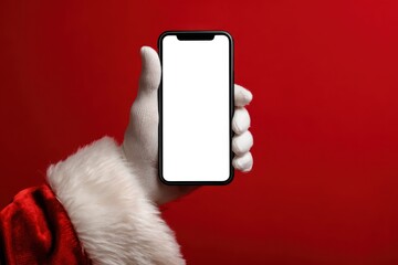 Santa Claus Hand Holding White Phone Isolated Blank Screen On Red Color Background. Close Up. Christmas Gifts Buying. White Gloved Hand with Smartphone Vertical MockUp. Advertisement gesture. Banking