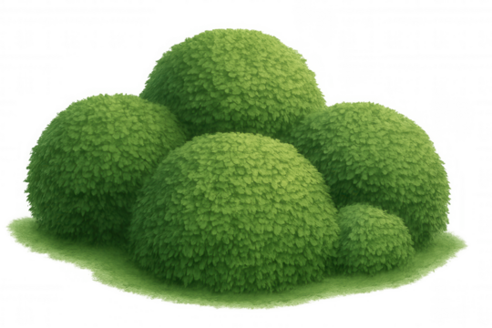Green spherical bushes clustered together, forming verdant landscape element with transparent background, ideal for design and rendering projects