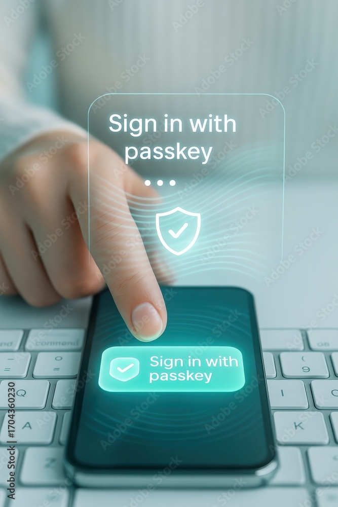 Poster Mobile authentication action signing in with passkey technology on smartphone digital environment close-up viewpoint cybersecurity concept