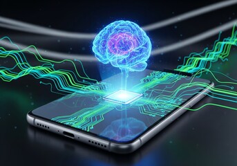 Close-up of hands holding smartphone with glowing green AI brain hologram