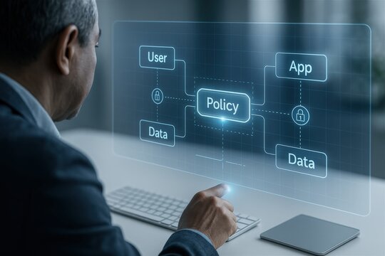 Analyzing data policy frameworks for user applications modern office digital content corporate environment close-up view technology impact