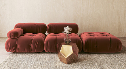 Velvety allure in modern decor. A set of maroon puffy sofas and a golden hexagonal side table, captured in a 3d render with a textured backdrop