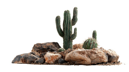 Assorted cactus plants lined together in a row, minimalist composition on transparent png background. Ai generated
