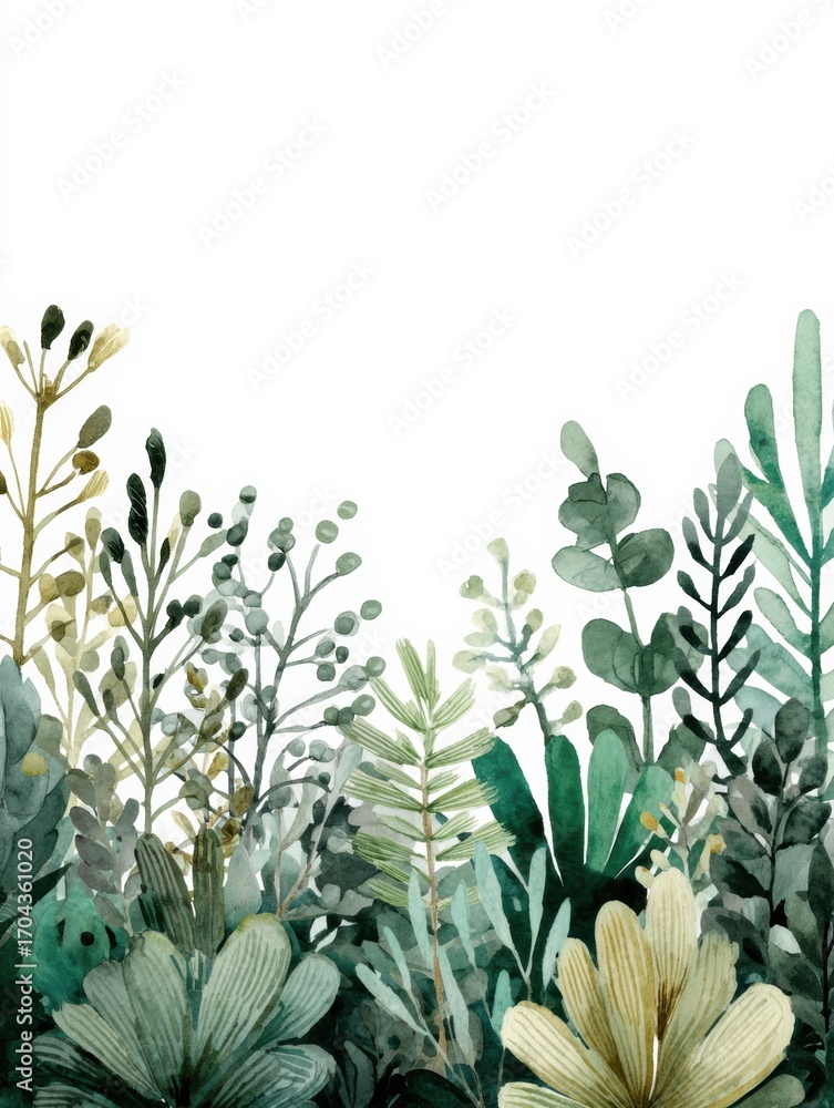 Poster vibrant green foliage fills the lower part of a blank canvas creating a tranquil, natural aesthetic 