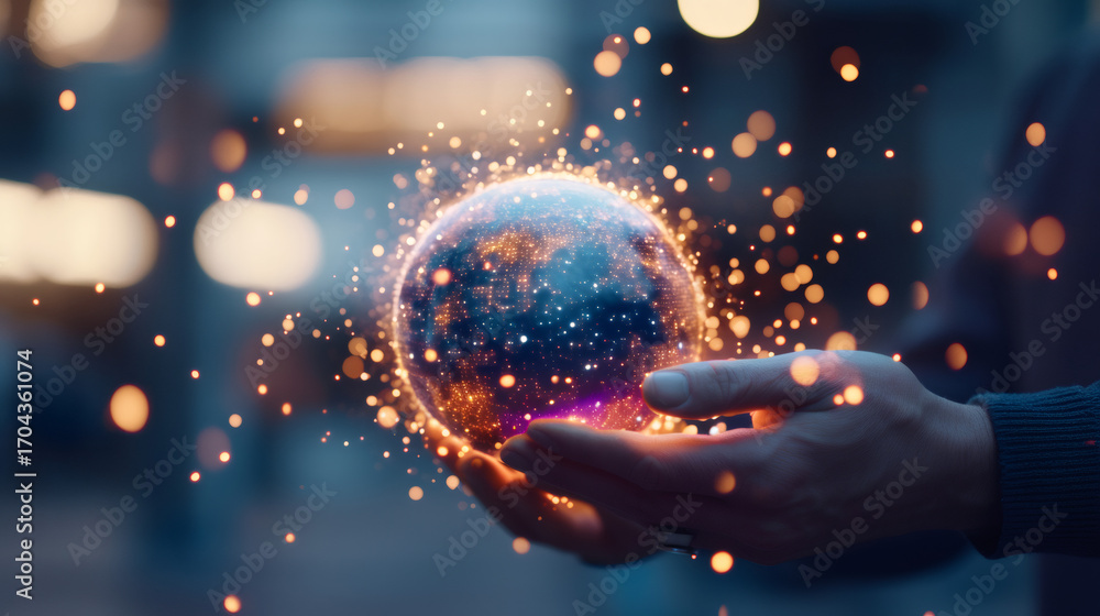 Poster man holding glowing digital earth in hands. global network and connection concept for technology and
