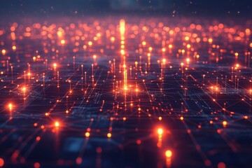 A vibrant, digital landscape filled with glowing nodes and lines, representing data connectivity and technology in a futuristic setting.