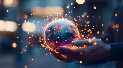 Man holding glowing digital earth in hands. Global network and connection concept for technology and communication.