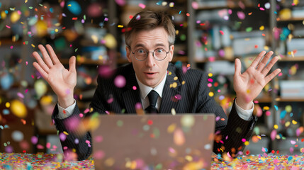 Businessman celebrating success with confetti at his workspace