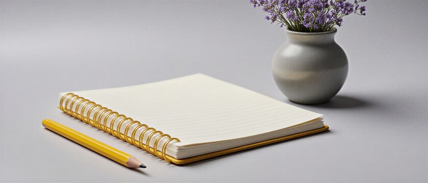 yellow pencil resting beside open notebook and tablet on clean grey surface | workspace, education, creative, planning, office theme - Powered by Adobe