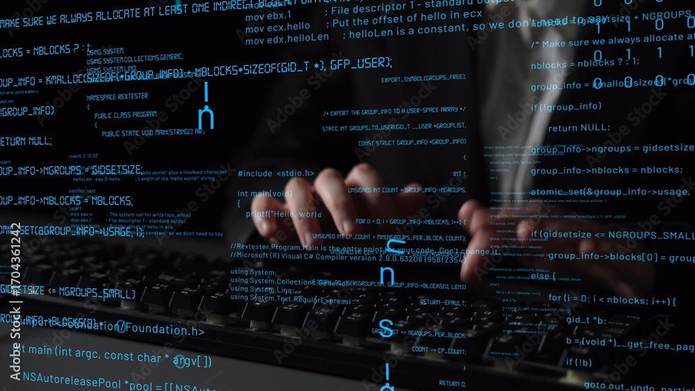 Aufkleber hands typing on a keyboard with glowing lines of code in a dark environment, symbolizing the world o