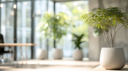 Fototapeta premium blurred interior view of light modern office space with plants in pots near panoramic windows workspace with neutral color palette minimalist design bright lighting background for presentation