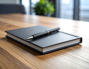Black notebook and pen on wooden table