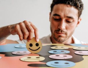 Man Holding Yellow Smiley Face Among Emotional Expression Icons 
