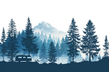 Camper van parked in a misty forest with mountains in the background a tranquil nature scene