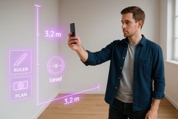 Using augmented reality for measuring spaces interior room digital technology modern environment user perspective innovative concept
