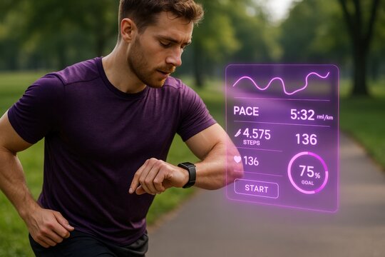 Running workout progress tracking urban park digital fitness monitoring outdoor environment close-up view health and fitness concept
