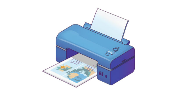 Blue isometric printer producing a world map document on a transparent background