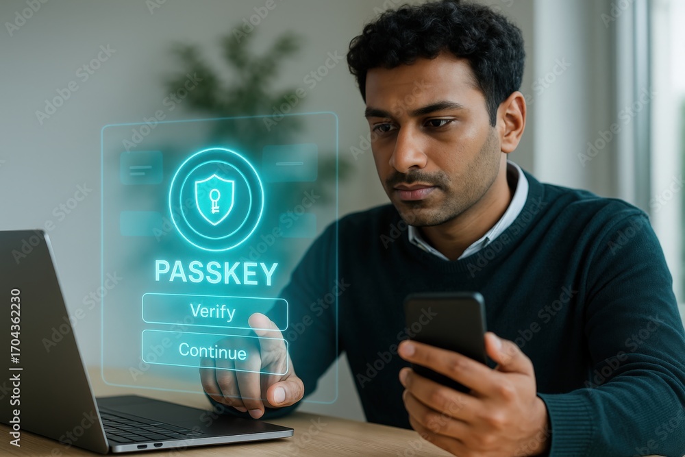 Poster verifying digital security passkeys home office technology image indoor environment close-up view cy