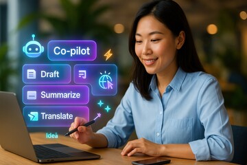 Innovative ideas and productivity enhancement woman using ai tools for work in a modern office environment