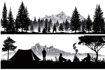 Silhouettes of campers enjoying nature mountains and forests a serene camping scene