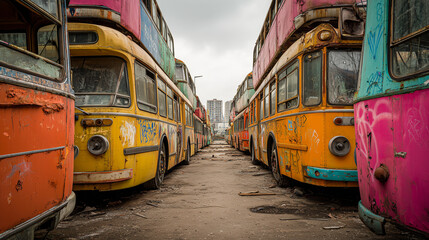 Fototapeta premium Colorful row of abandoned city buses parked in a narrow alley of urban decay