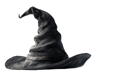 Close-up of a tall pointed witch hat with a wide brim, placed neatly on transparent png background. Ai generated