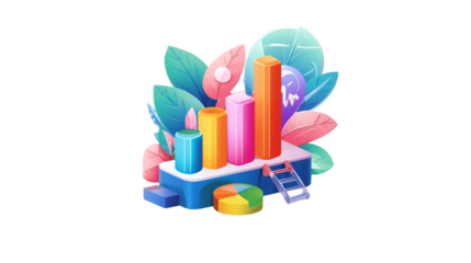Vibrant 3d bar chart with organic shapes and playful elements on transparent background