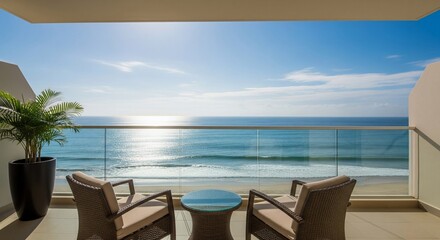 Naklejka premium Balcony View of Ocean and Sky with Chairs and Table.