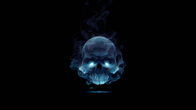 Skull with illuminated eyes made of blue smoke on black background. Eerie and mysterious illustration for Halloween or spooky themes.