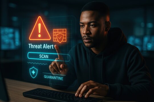 Cybersecurity action threat alert notification office environment digital content technology close-up view security concept - Powered by Adobe