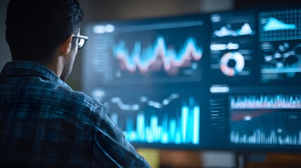 A person interacting with a digital dashboard displaying various data visualizations and analytics